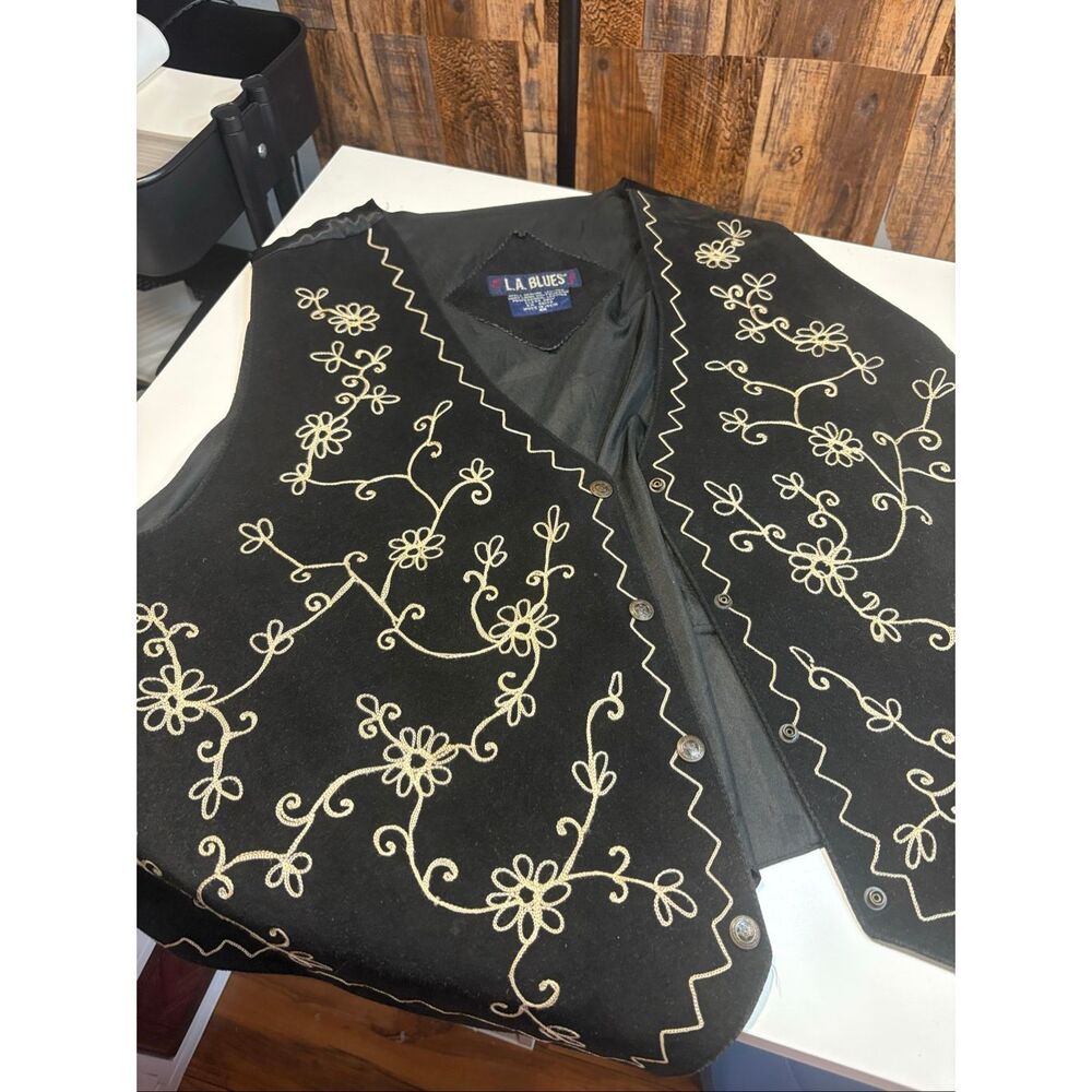 Vintage LA Blues Black Leather Embroidered Vest Womens 4X Boho Western NWOT